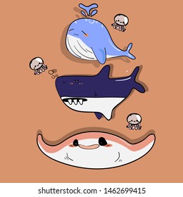 cute animals under the sea shark whale ray and jellyfish
