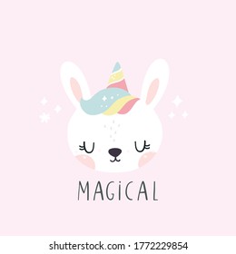 Cute animals Unicorn. Vector print for baby Bunny character in Unicorn style