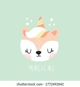 Cute animals Unicorn. Vector print for baby Fox character in Unicorn style