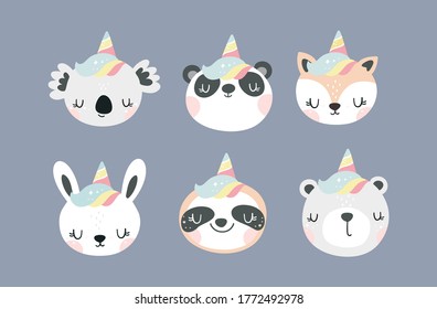 Cute animals Unicorn. Vector print for baby Koala, Sloth, Fox, Bunny, Bear, Panda character in Unicorn style