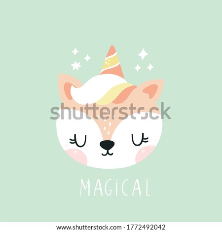 Cute animals Unicorn. Vector print for baby Fox character in Unicorn style