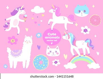 
Cute animals. Unicorns, cats, lama. Vector set