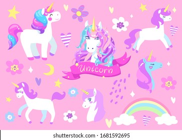 Animales cocidos. Unicornios y flores. Conjunto de vectores