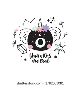 Cute animals unicorns in the Scandinavian style. Bohemian illustrations with animals, stars, magic and rainbow. Koala unicorn vector illustration for kids