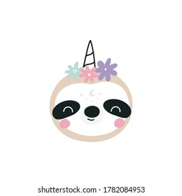Cute animals unicorns in the Scandinavian style. Bohemian illustrations with animals, stars, magic and rainbow. Sloth unicorn vector illustration for kids
