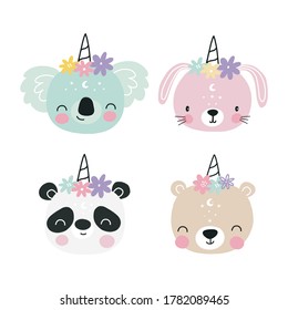 Cute animals unicorns in the Scandinavian style. Bohemian illustrations with Koala, Bunny, Panda, Bear stars, magic and rainbow. Animals unicorn vector illustration for kids