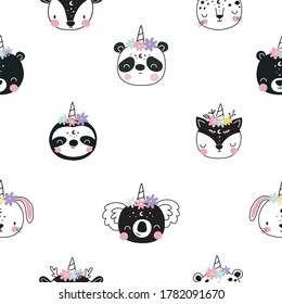 Cute animals unicorns seamless pattern in the Scandinavian style. Bohemian illustrations with Sloth, Jaguar, Fox, Deer, bunny, Bear, stars, magic and rainbow. 