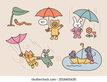 Cute animals are using umbrellas with their friends on a rainy day. outline simple vector illustration.