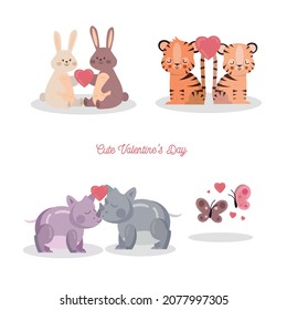 Cute animals for valentine's day. Animals in love such as butterflies, rhinos, tigers and bunnies.