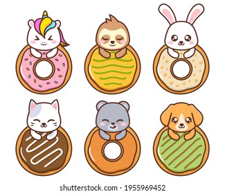 cute animals with various doughnut