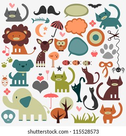 Cute animals and various elements set