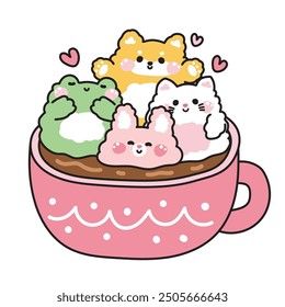 Cute animals various poses in big coffee cup with heart on white background.Cocoa.Frog,rabbit,cat,shiba inu dog.Animal character cartoon design.Kawaii.Vector.Illustration.