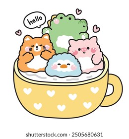 Cute animals various poses in big milk cup with heart on white background.Penguin,cat,pig,crocodile.Animal character cartoon design.Kawaii.Vector.Illustration.