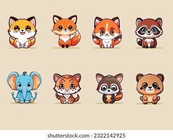 Cute animals vector, cat, raccoon, elephant, tiger, bear, fox, cute character set.