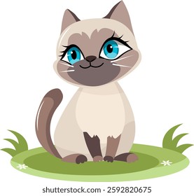 Cute animals. Vector cats. Siamese kitten sitting on the grass. Vector animals collection. Children flat vector illustrations.