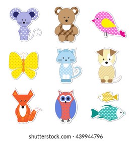 Cute animals vector icons - mouse, teddy bear, bird, butterfly, cat, kitten, dog, puppy, fox, owl, fish. Cartoon illustration.