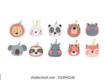 Cute animals vector illustration. Fun animals face print for birthday or Baby Shower party. Cutie animals cartoon hand drawn Character lion, sloth, hippo, bear, 