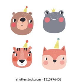 Cute animals vector illustration. Fun animals face print for birthday or Baby Shower party. Cutie animals cartoon hand drawn Character bear, frog, tiger, fox