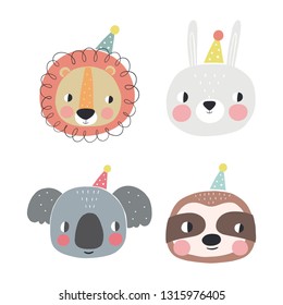 Cute animals vector illustration. Fun animals face print for birthday or Baby Shower party. Cutie animals cartoon hand drawn Character lion, bunny, sloth