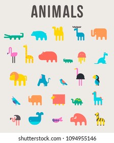 Cute Animals Vector illustration Icon Set isolated on a white background. Geometric vector illustration flat design.