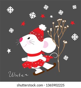 cute animals vector illustration. cute mouse, white rat, symbol 2020, drawn in cartoon style in different seasons summer, winter, autumn, spring, flowers isolated on a solid background.