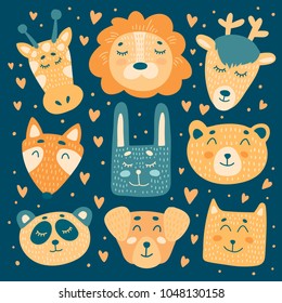 Cute animals vector illustration. Orange, beige and blue design for prints and decor.  Lion, giraffe, deer, fox, bear, rabbit, panda, cat and dog characters in childish style