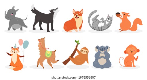 Cute animals vector illustration set. Cartoon domestic pets and zoo or wild animals characters collection, squirrel holding walnut, sloth on tree branch, koala monkey wolf dog cat isolated on white