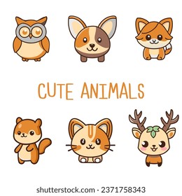 Cute animals vector illustrations cartoon for kids 2d such a owl dog fox squirrel deer zoo set 