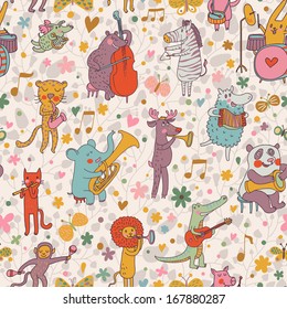 Cute animals in vector: lion, leopard, elephant, pig, cat, dog, panda, bear, elk, alligator, monkey, sheep, rabbit and zebra in cartoon seamless pattern 