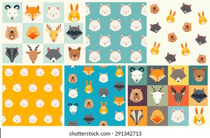 Cute animals vector pattern set, illustrations on colored background.