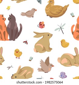 Cute animals vector seamless pattern. Spring colored cartoon ornament. Hen, chickens, rabbits, birds, cats, insect. Design for childish print, fabric, textile, background, wallpaper, wrap, card, decor