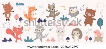 Cute animals vector set. Cartoon cheerful animals dancing parade of fox, rabbit, bird, bear, raccoon, porcupine, owl. Design suitable for kids, education, edutainment, fabric, wallpaper, apparel.