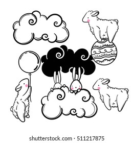 cute animals vector set of children, rabbits, sheep, balls and clouds
