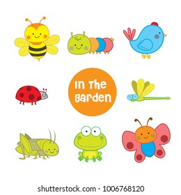 Cute animals vector set in the garden with white isolated back ground consist of bee, caterpillar, lady bug, dragonfly, grasshopper, frog, butterfly, and bird.