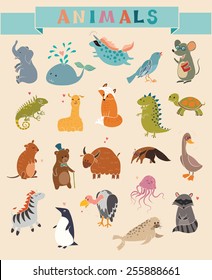 Cute Animals vector set. Hand-drawn style. Stickers, posters, background