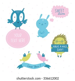 Cute animals vector set. Rabbit, Hedgehog, Owl, Birds.