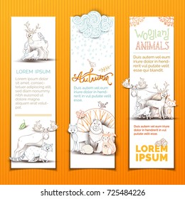 Cute animals vertical banners set. Vector set of wild animals and birds. Adorable moose, hare, fox, deer, squirrel, wolf, bear, hedgehog. Autumn weather, rain and cloud. Contour colour illustration.