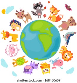 Cute animals walking around globe, Save animals emblem, animal planet, animals world.