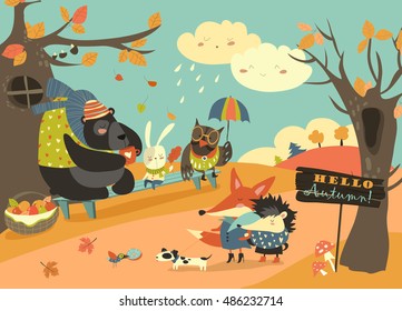 Cute Animals Walking In Autumn Forest