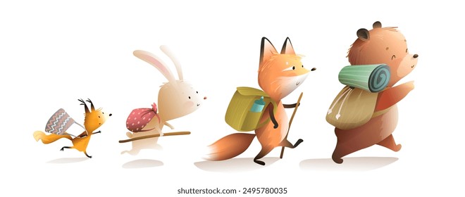 Animales lindos caminando o caminando de aventura. Oso conejo ardilla y zorro va en la aventura. Diseño de personajes para niños, animales de mochilero. Ilustración de dibujos animados de arte de Clip de Vector en estilo de acuarela.