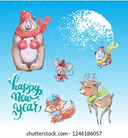 Cute animals in warm hat and scarf. Vector illustration of a bear, fox, deer and birds. Suitable for Christmas greeting cards and New Year decorations