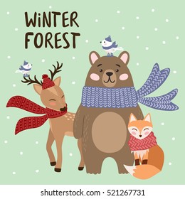 Cute animals in warm hat and scarf. Vector illustration of a bear, fox, deer and birds. Suitable for Christmas greeting cards and New Year decorations