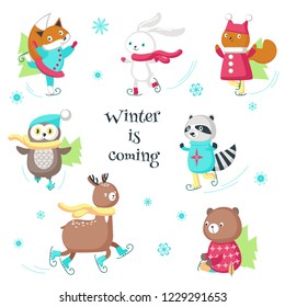 Cute animals in warm hats and scarves enjoying ice skating. Vector illustration isolated on white background. Funny little raccoon fox squirrel bear owl deer and rabbit having fun in winter.