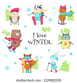 Cute animals in warm hats and scarves enjoying skiing. Vector illustration isolated on white background. Funny little raccoon fox squirrel bear hedgehog owl and rabbit having fun in winter.