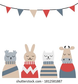 Cute animals in warm sweaters. Christmas greeting card in Scandinavian style. Space for text. Vector illustration