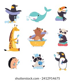 Cute Animals Washing Engaged in Personal Hygiene Vector Set