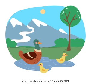 Lindos animales. Aves acuáticas nadando en el estanque. Familia de pato feliz. Naturaleza salvaje. Paisaje de montaña. Escenario de verano del lago. Bosque del parque. Patos, gente. Caricatura de pollitos de pato amarillo. Vector de vida silvestre