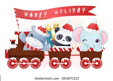 Cute animals in watercolor effect with with winter holiday theme