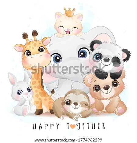 Cute animals with watercolor illustration
