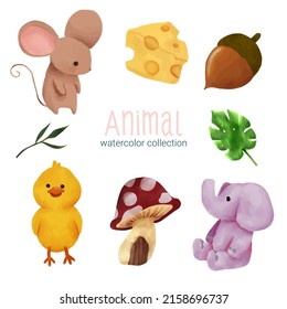 Cute Animals watercolor for kids education. Educational preschool learning kind of animal and letter. Cartoon vector watercolor illustration